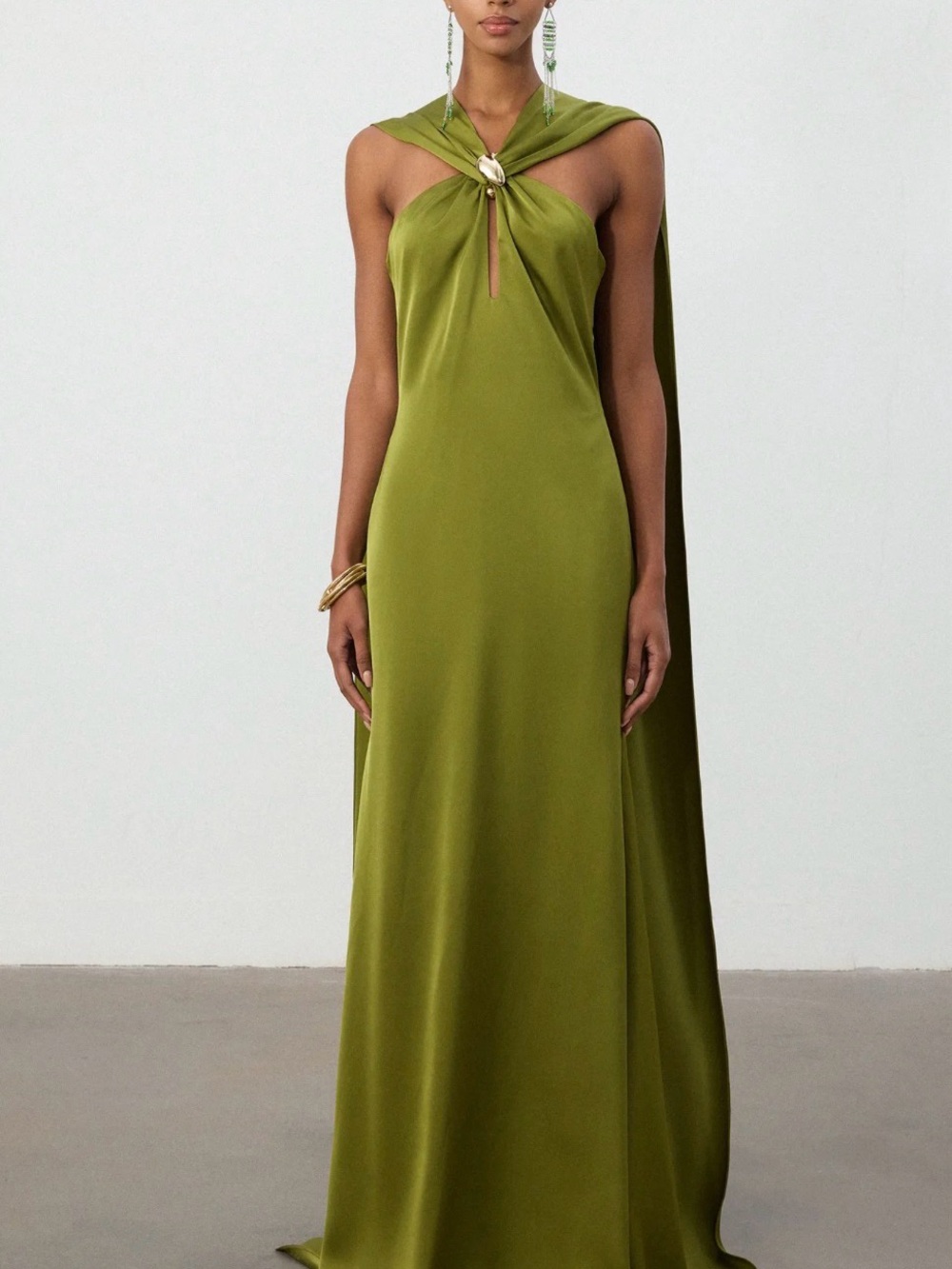 Skye & Iris Olive Green Satin Cape Column Gown